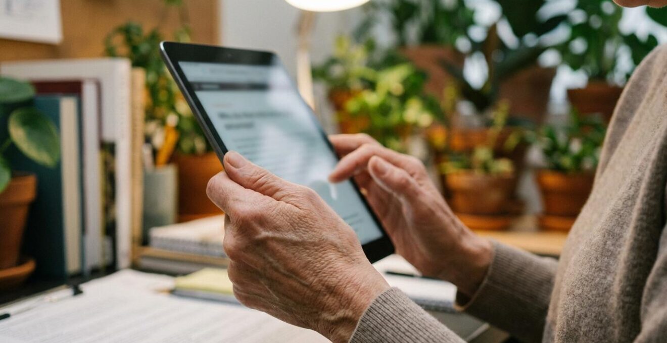 Personne consultant des informations sur tablette pour recherche EHPAD Yvelines