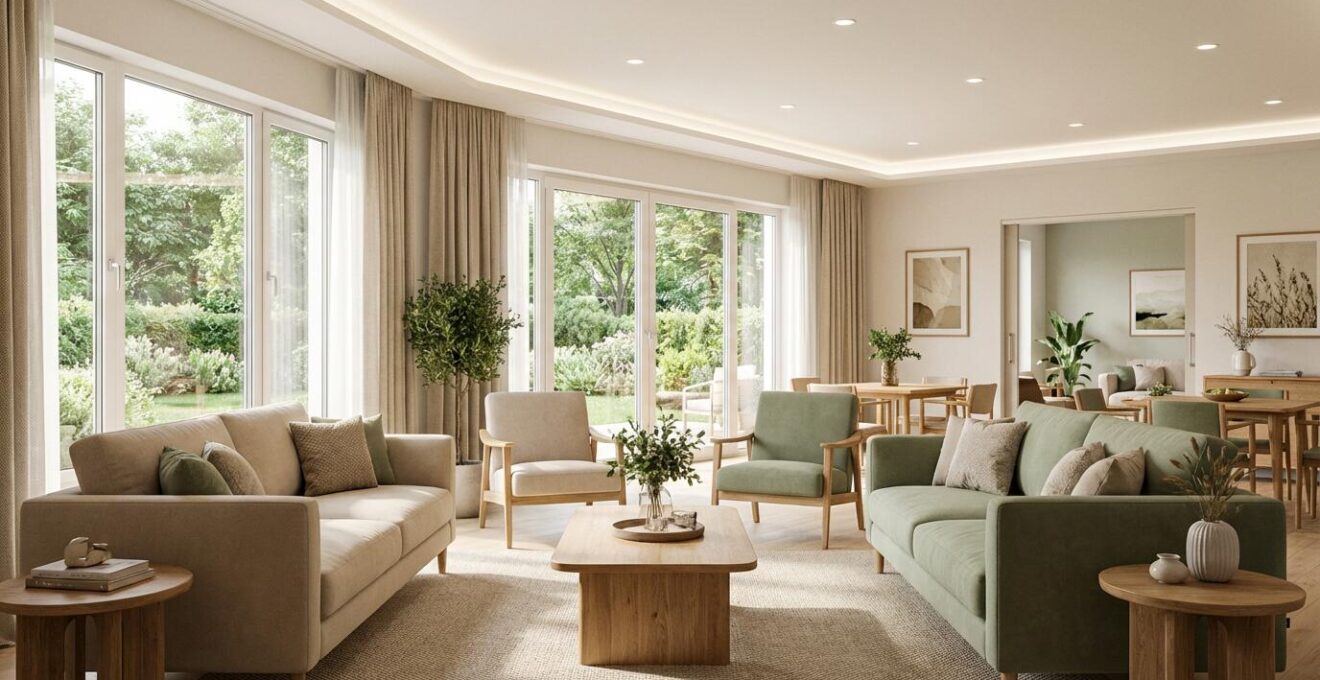 Espace commun lumineux d'un établissement EHPAD moderne et chaleureux