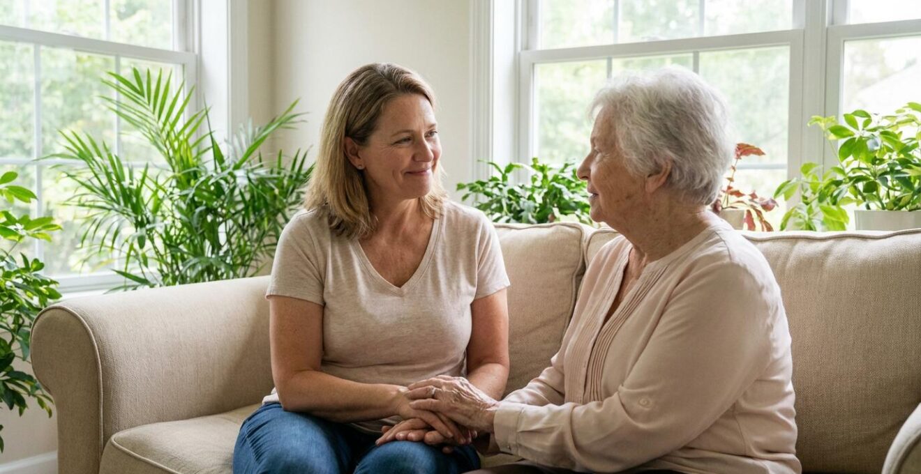 Femme accompagnant sa mère âgée dans un salon lumineux, moment intergénérationnel EHPAD