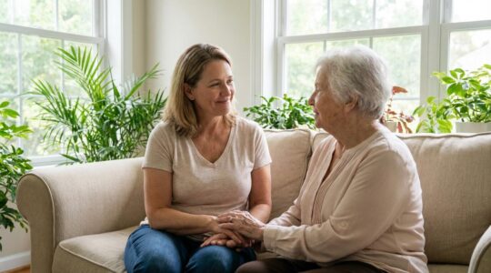 Femme accompagnant sa mère âgée dans un salon lumineux, moment intergénérationnel EHPAD