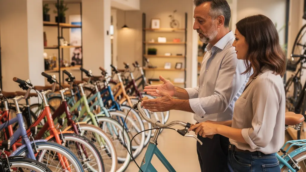Intérieur boutique vélo avec rangée de vélos hollandais colorés exposés