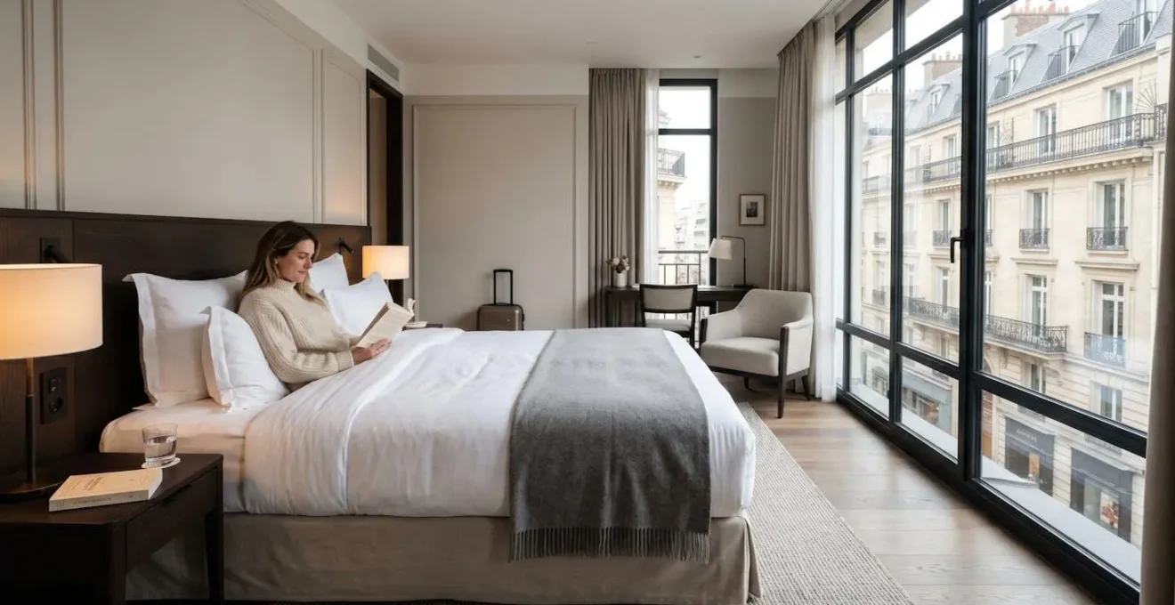Chambre d'hôtel contemporaine élégante avec lit king-size impeccable, décoration raffinée et vue sur une rue haussmannienne parisienne par la fenêtre