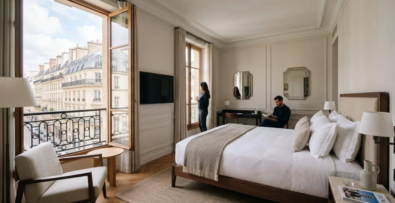 Chambre d'hôtel contemporaine élégante avec lit king-size impeccable, décoration raffinée et vue sur une rue haussmannienne parisienne par la fenêtre