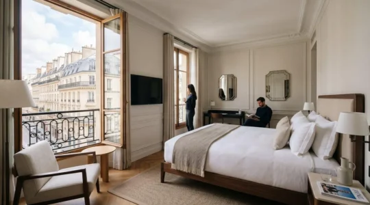 Chambre d'hôtel contemporaine élégante avec lit king-size impeccable, décoration raffinée et vue sur une rue haussmannienne parisienne par la fenêtre