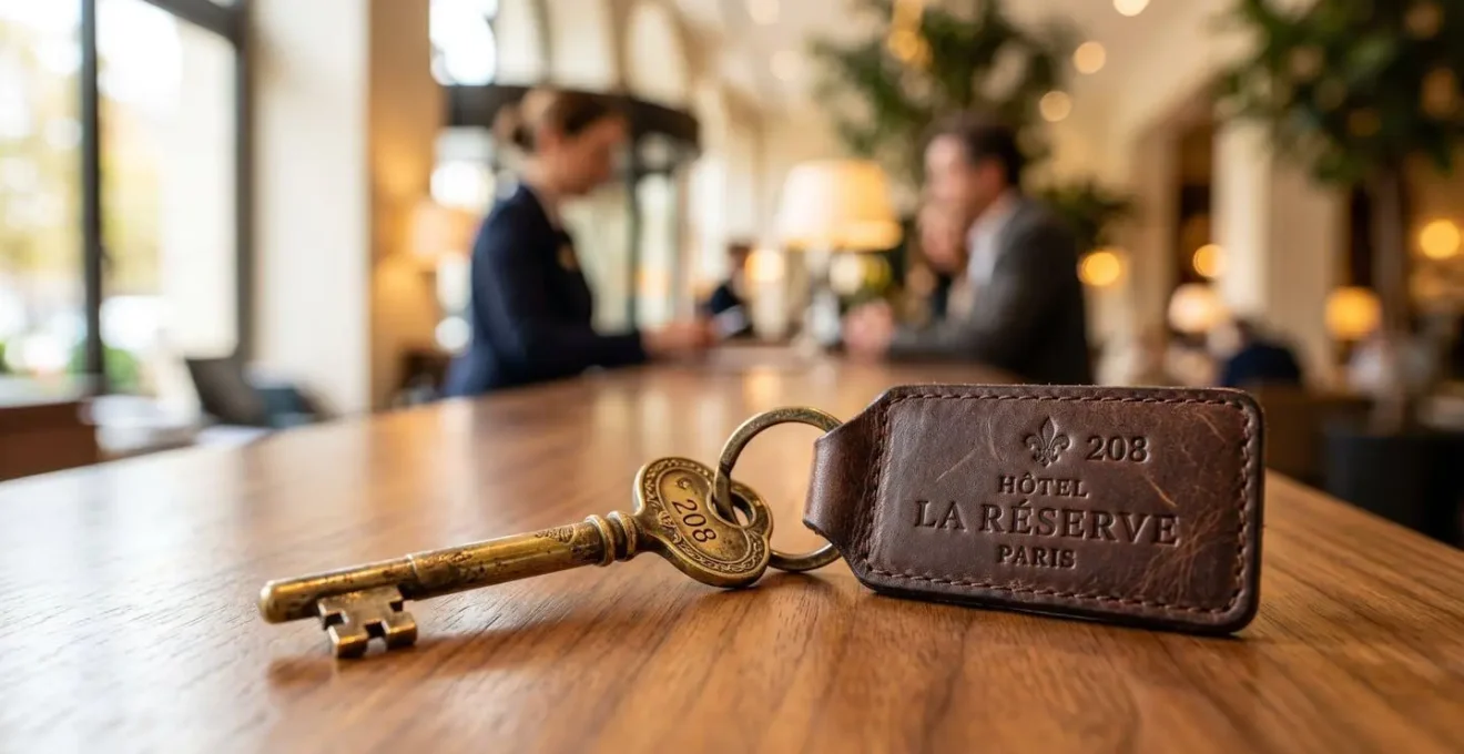 Gros plan macro d'une clé d'hôtel vintage avec étiquette en cuir sur un bureau de réception en bois poli, arrière-plan flou chaleureux