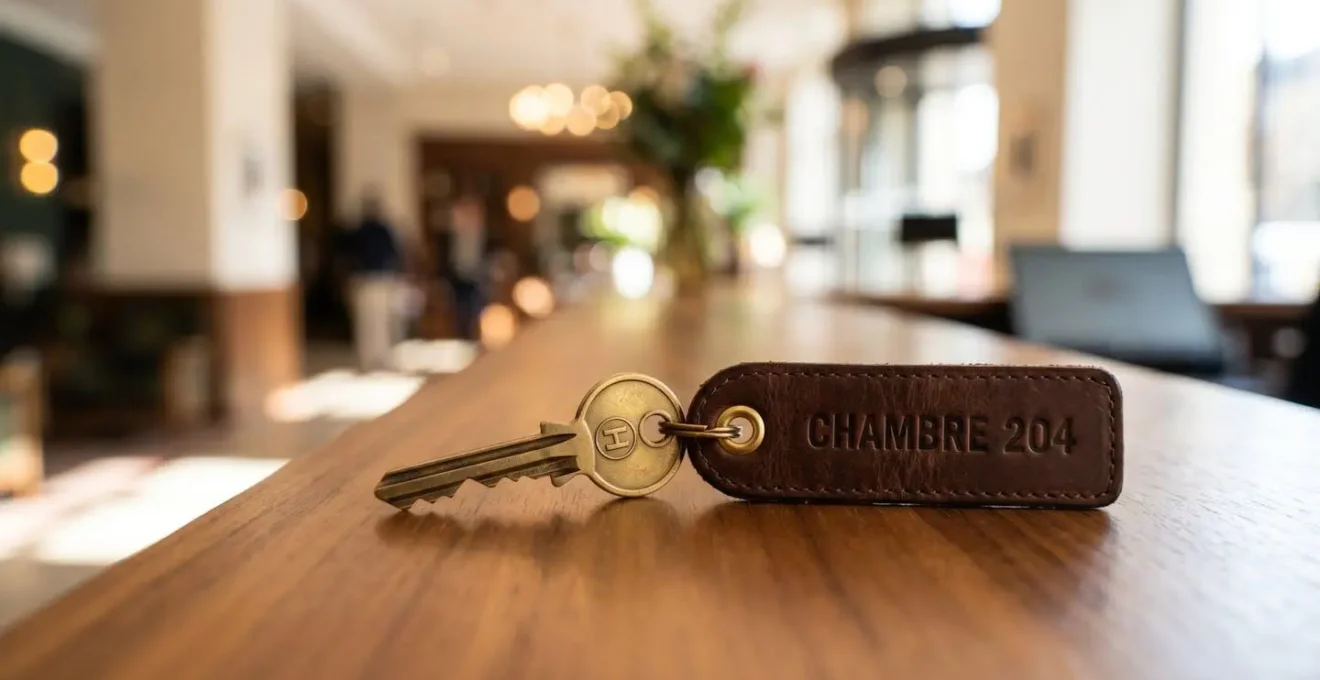 Gros plan macro d'une clé d'hôtel vintage avec étiquette en cuir sur un bureau de réception en bois poli, arrière-plan flou chaleureux