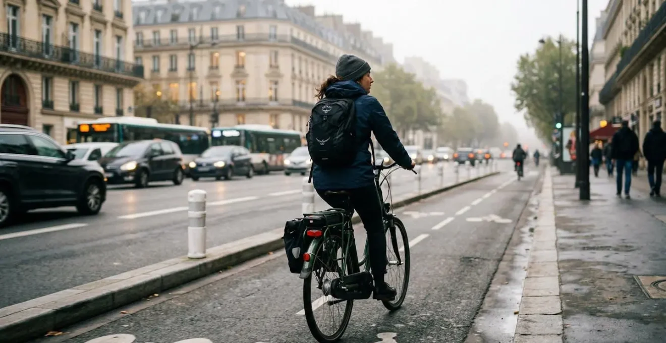 Un cycliste vu de dos roule sur une piste cyclable parisienne avec un vélo hollandais électrique, décor urbain matinal en arrière-plan