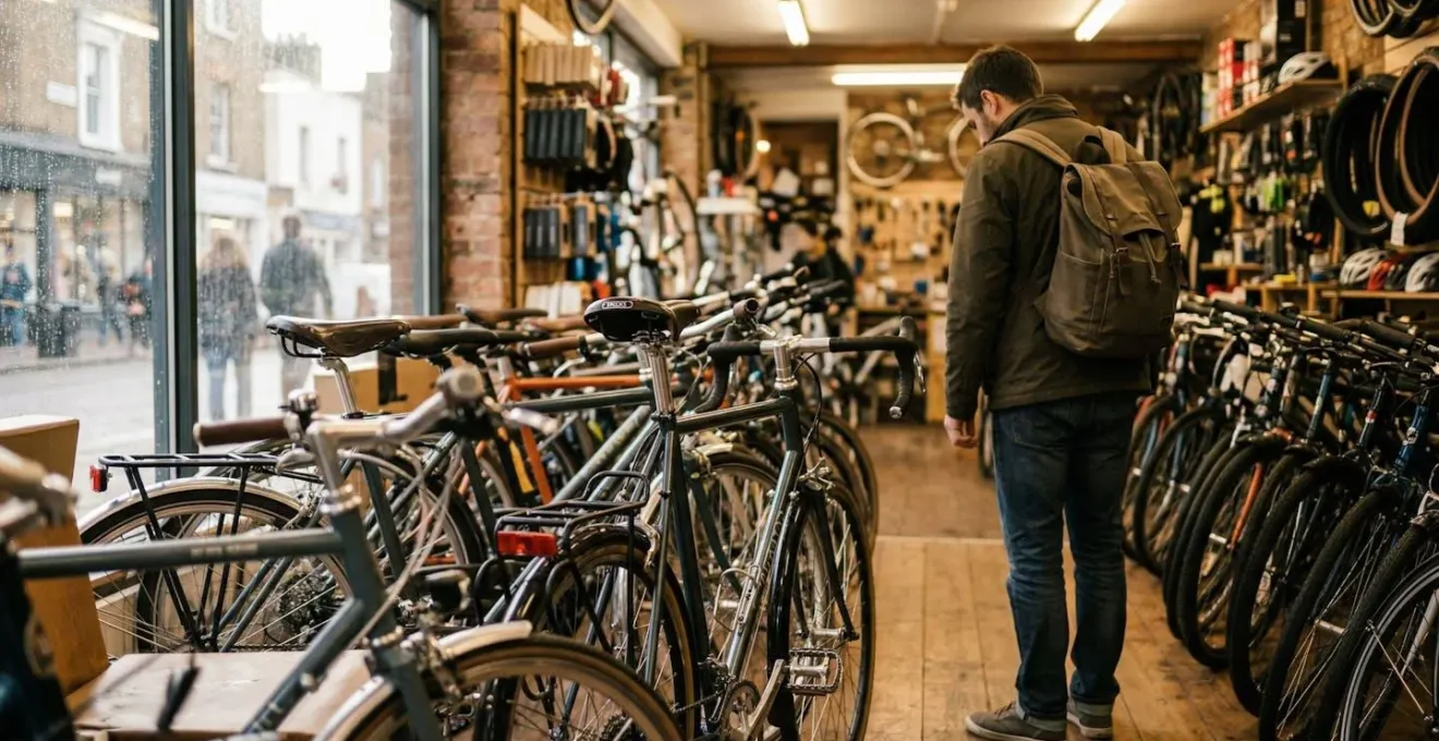 Intérieur d'une boutique vélo spécialisée avec plusieurs VAE alignés et un client consultant un modèle en arrière-plan