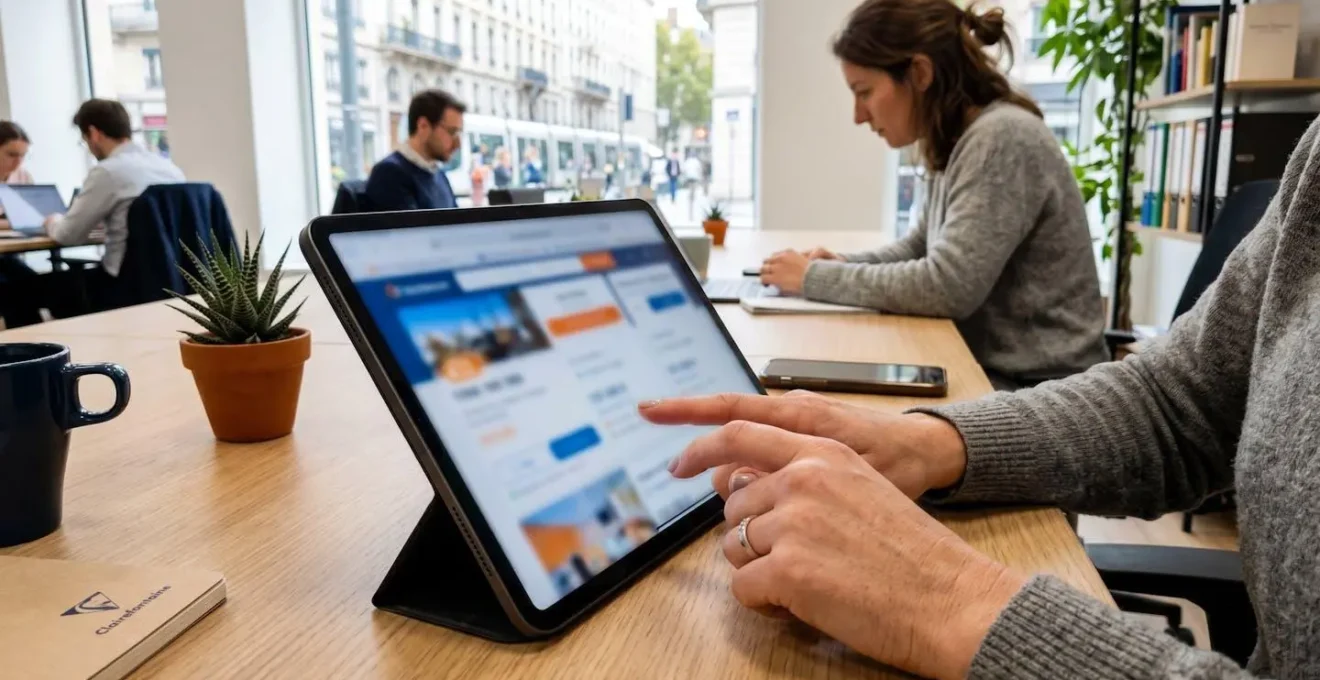 Main utilisant une tablette affichant une interface de comparaison immobilière sur un bureau contemporain épuré avec lumière naturelle