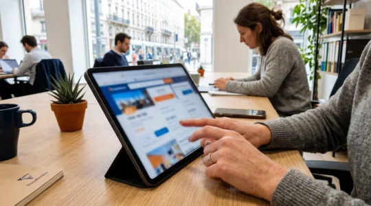 Main utilisant une tablette affichant une interface de comparaison immobilière sur un bureau contemporain épuré avec lumière naturelle