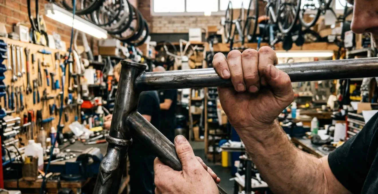 Des mains soulèvent partiellement un vélo électrique dans une boutique spécialisée pour en évaluer le poids