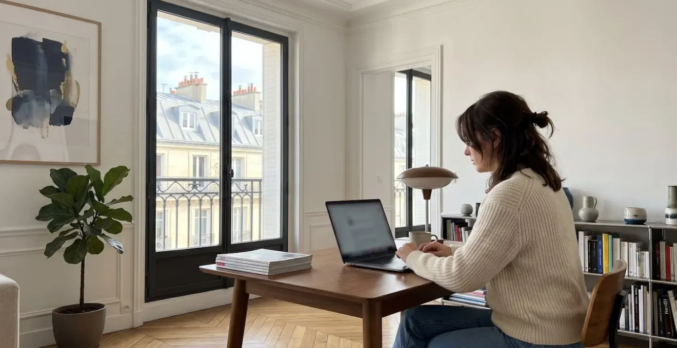 Personne vue de profil consultant des avis en ligne sur un ordinateur portable dans un appartement parisien moderne et lumineux