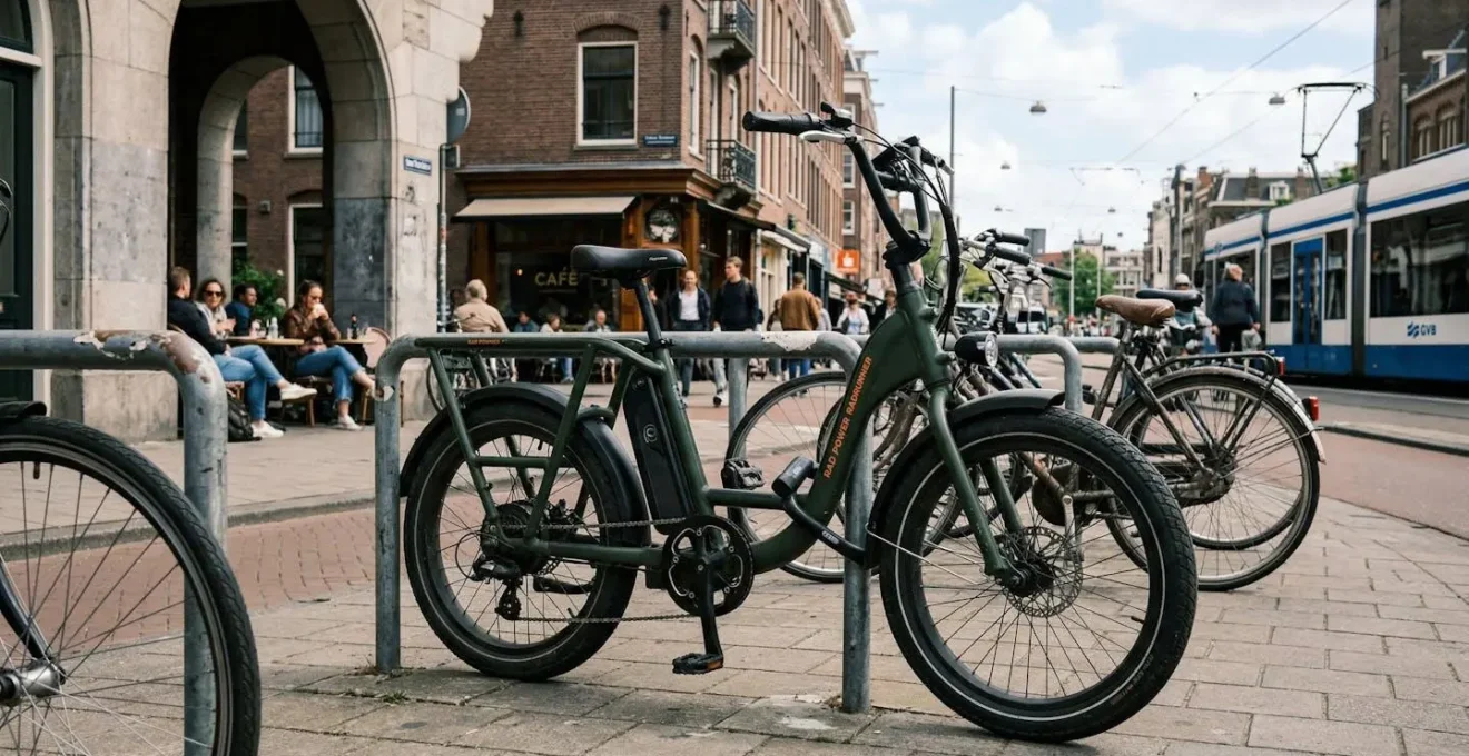 Un vélo électrique stationné sur des arceaux dans une rue typique du 15e arrondissement parisien avec un cadenas en U visible
