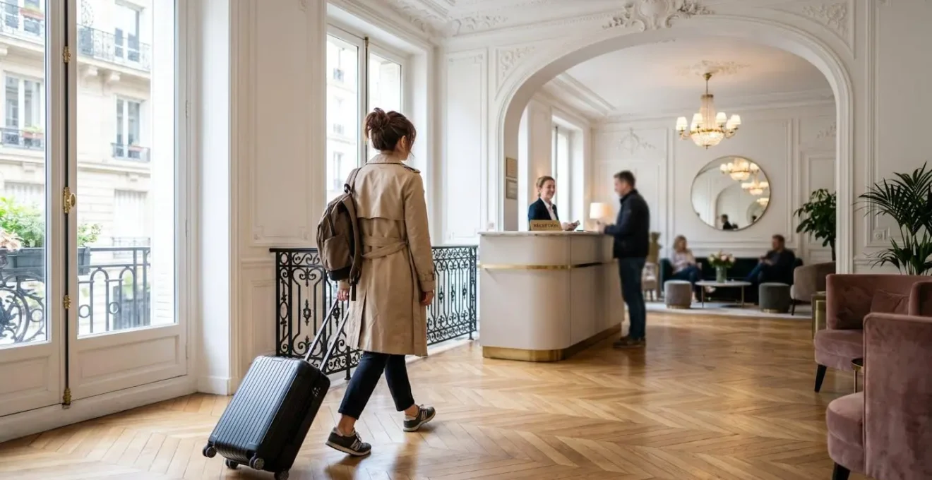 Voyageur vu de dos avec valise à roulettes marchant dans un hall d'hôtel parisien élégant aux détails architecturaux haussmanniens, se dirigeant vers la réception dans une atmosphère lumineuse et accueillante