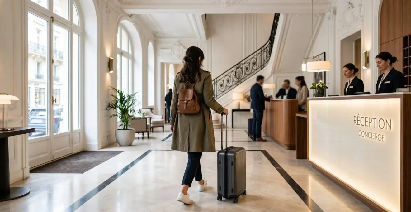 Voyageur vu de dos avec valise à roulettes marchant dans un hall d'hôtel parisien élégant aux détails architecturaux haussmanniens, se dirigeant vers la réception dans une atmosphère lumineuse et accueillante
