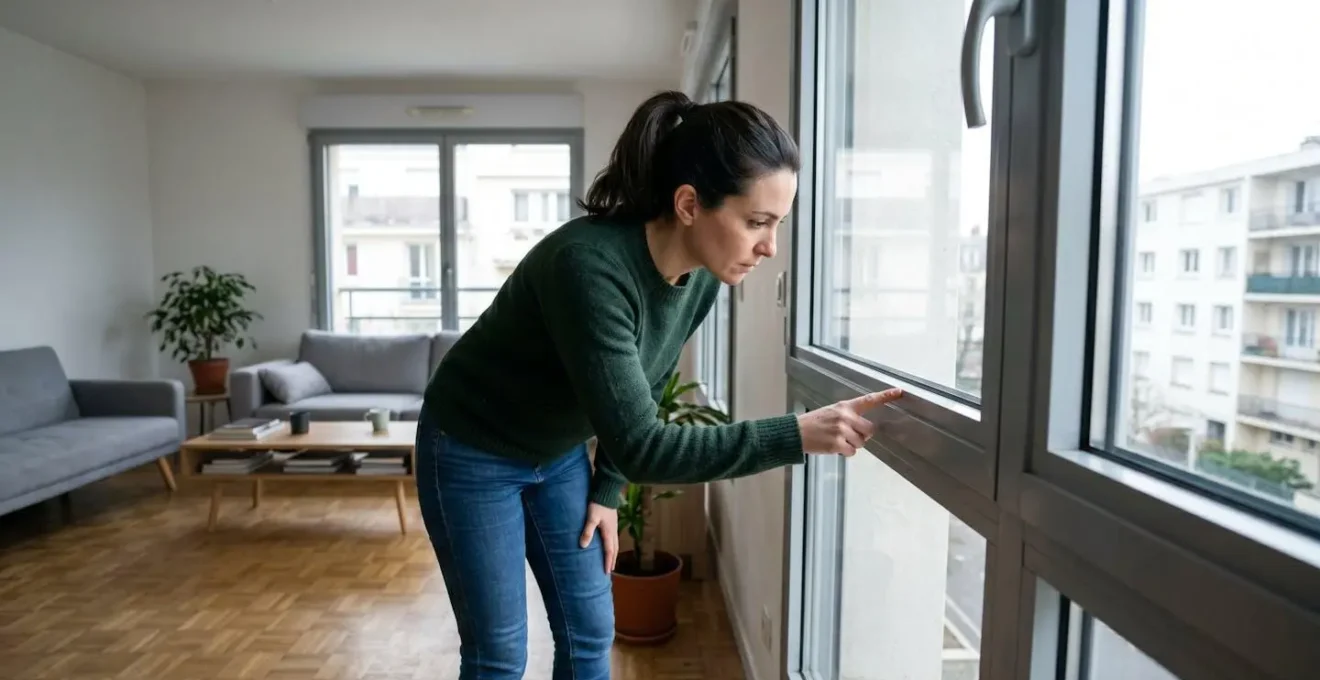 Femme inspectant l'isolation d'une fenêtre à double vitrage dans un appartement lumineux lors d'une visite immobilière