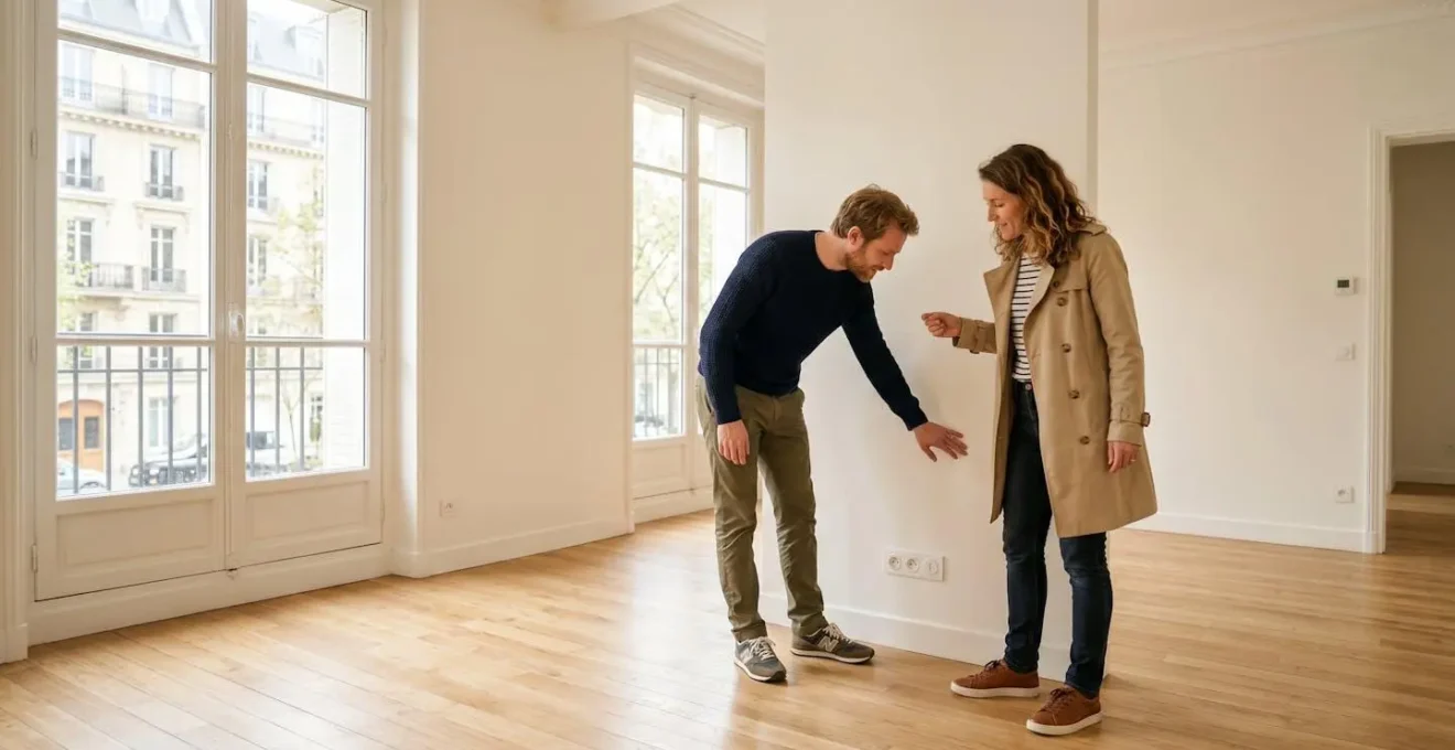 Jeune couple inspectant attentivement les finitions d'un appartement lumineux lors d'une visite immobilière accompagnée