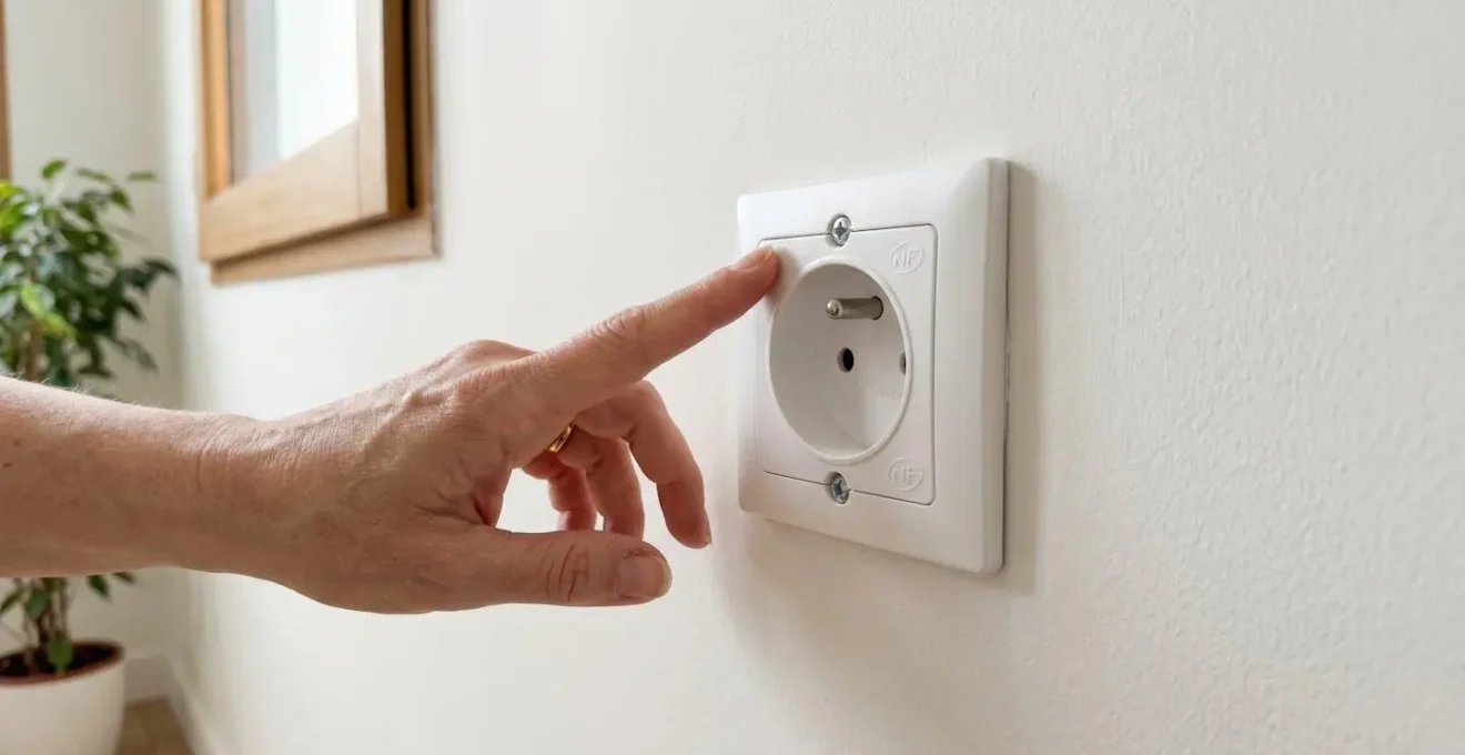 Gros plan d'une main inspectant une prise électrique sur un mur blanc dans un appartement en visite